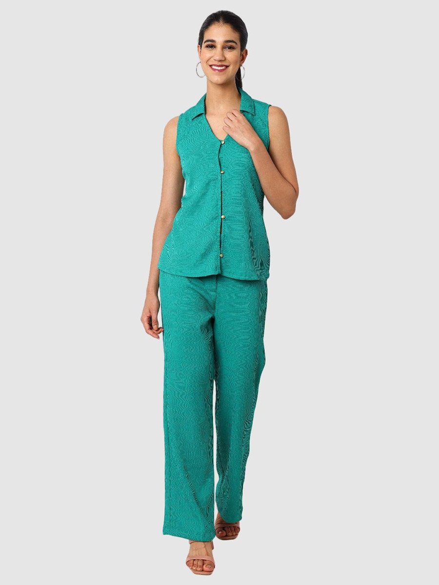Green Textured Shirt and Trousers Co-ords