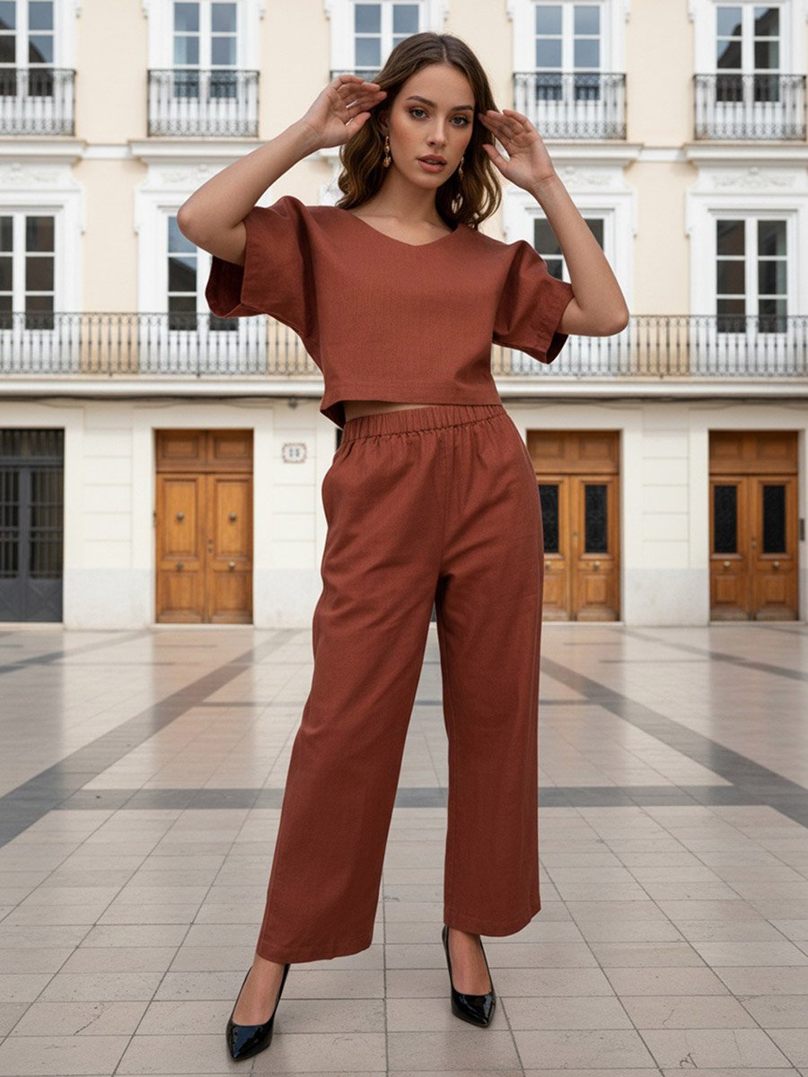 Brown V Neck Crop Top and Pants Co-ords