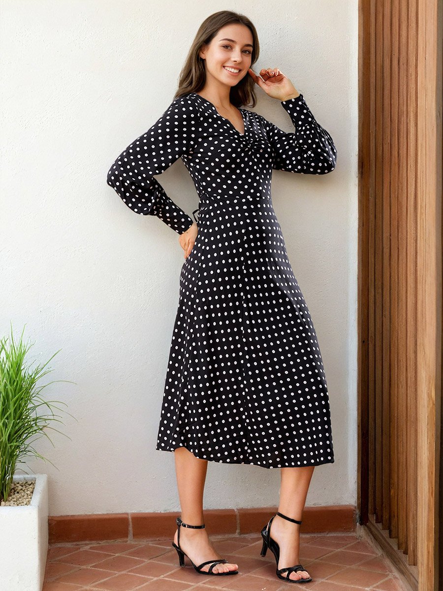 Black Polka Dot Print Long Sleeve Midi Dress