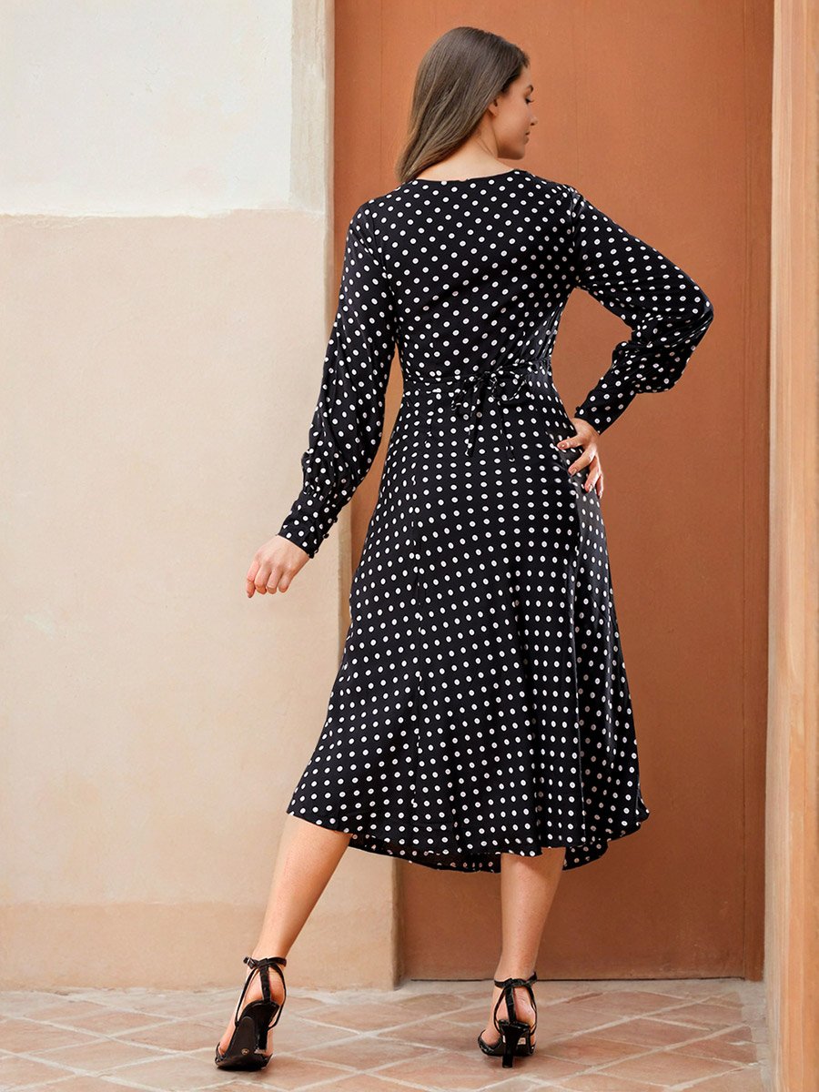 Black Polka Dot Print Long Sleeve Midi Dress
