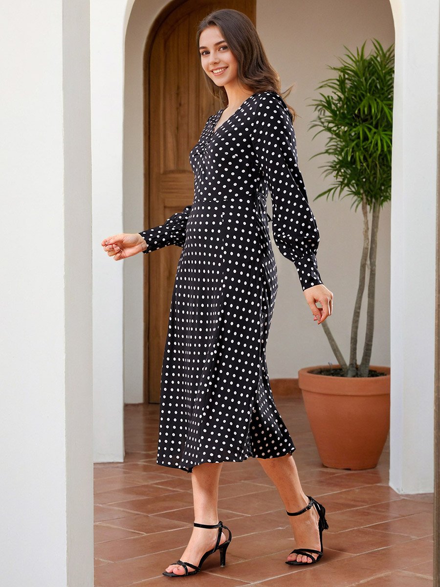 Black Polka Dot Print Long Sleeve Midi Dress