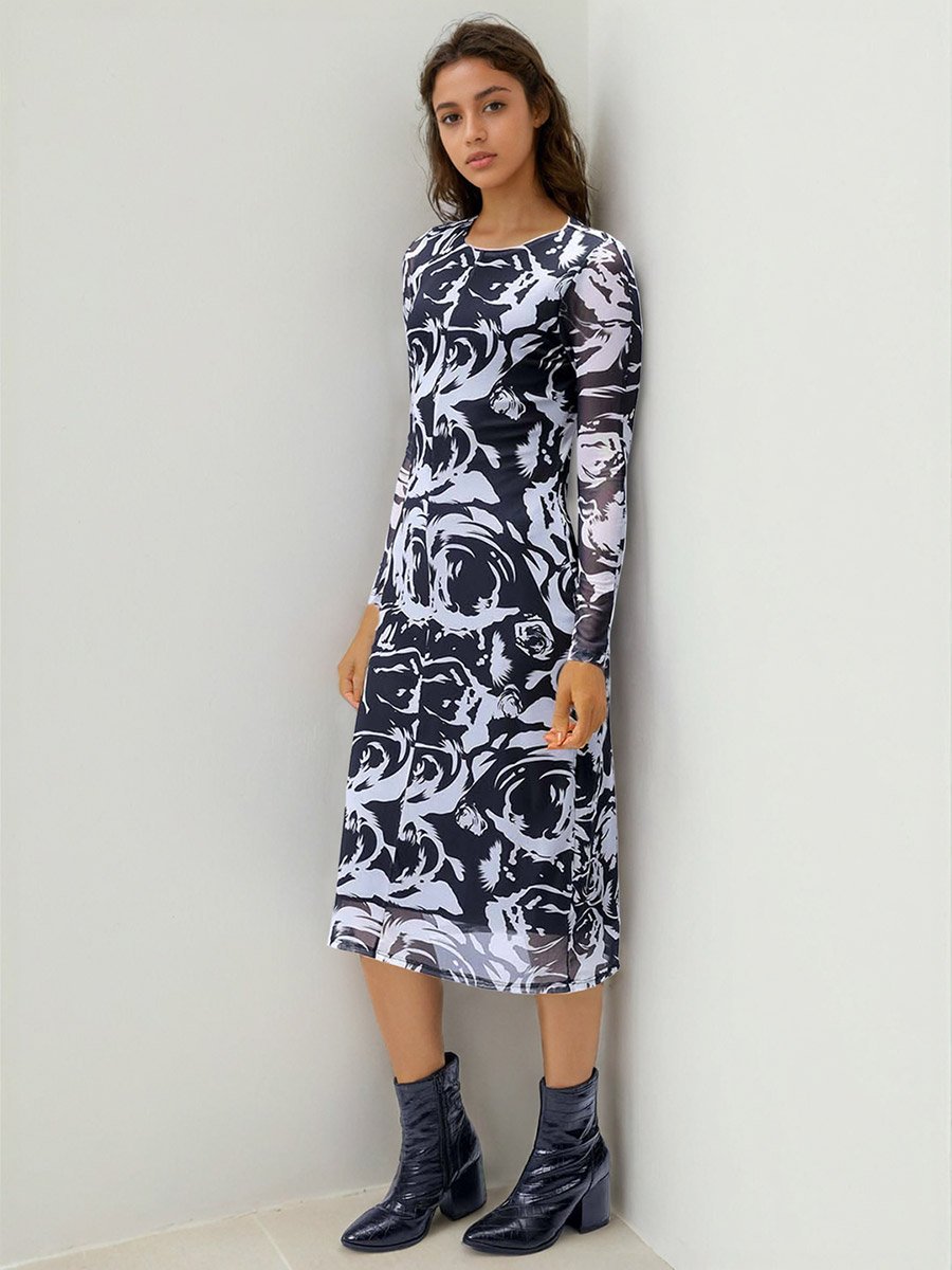 Black Floral Print Bodycon Midi Dress