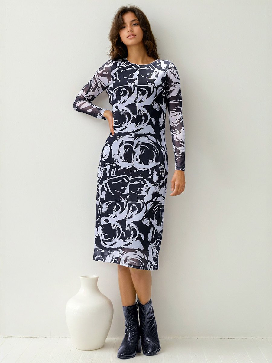 Black Floral Print Bodycon Midi Dress