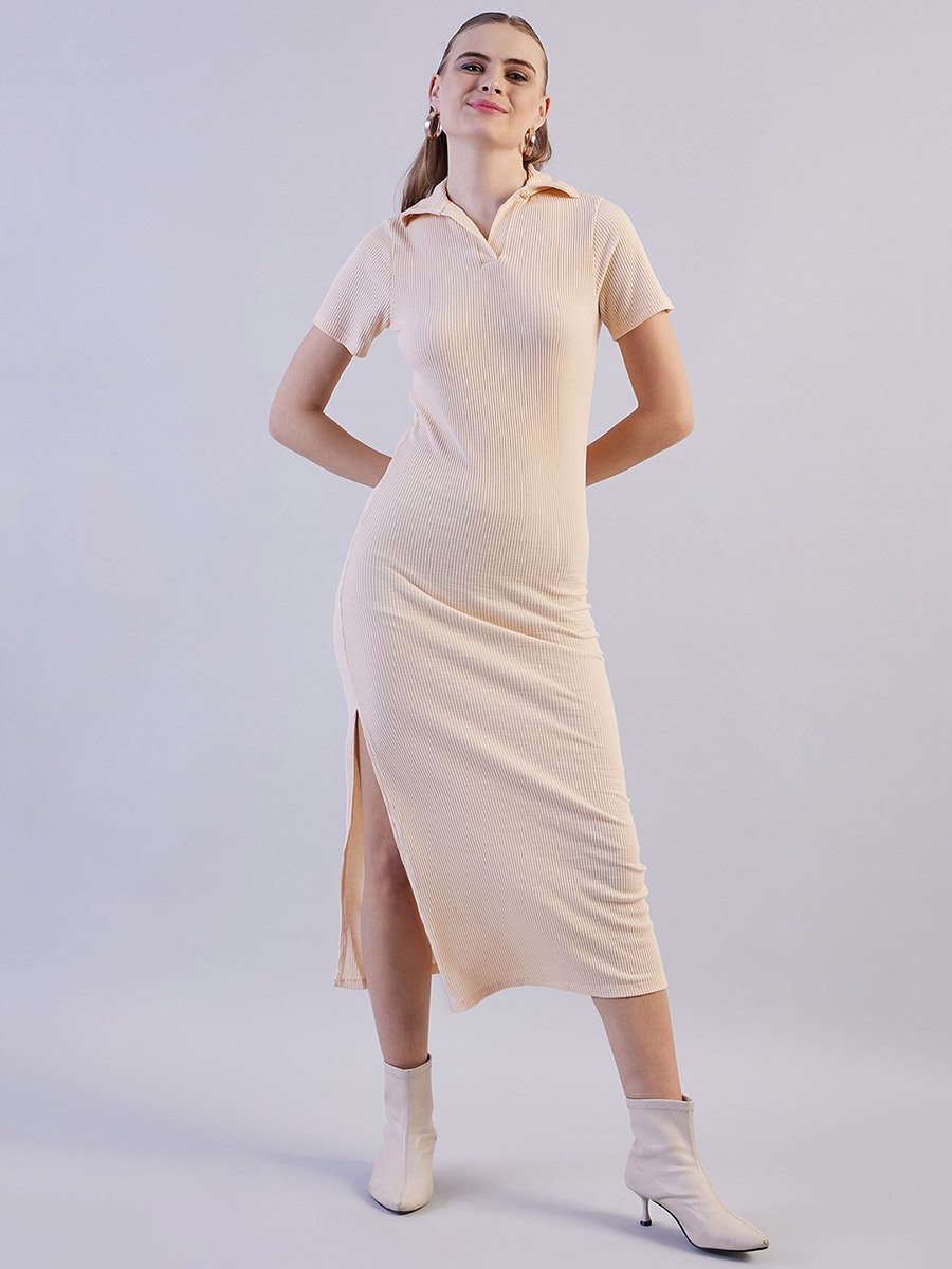 Off White Ribbed Short Sleeve Midi Dress