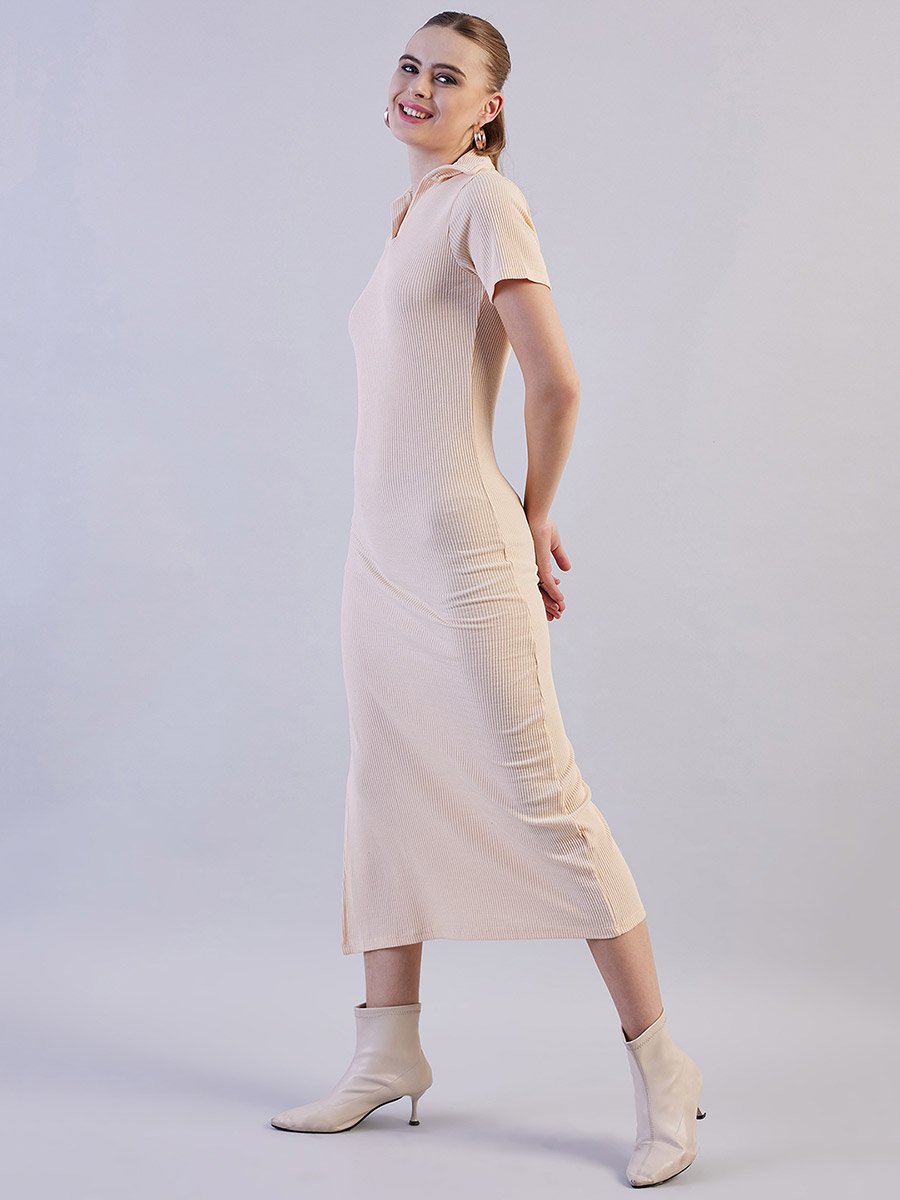 Off White Ribbed Short Sleeve Midi Dress