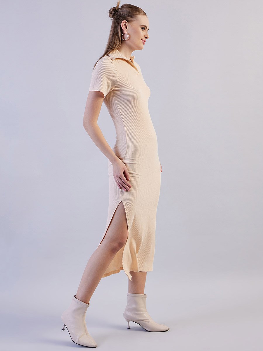 Off White Ribbed Short Sleeve Midi Dress