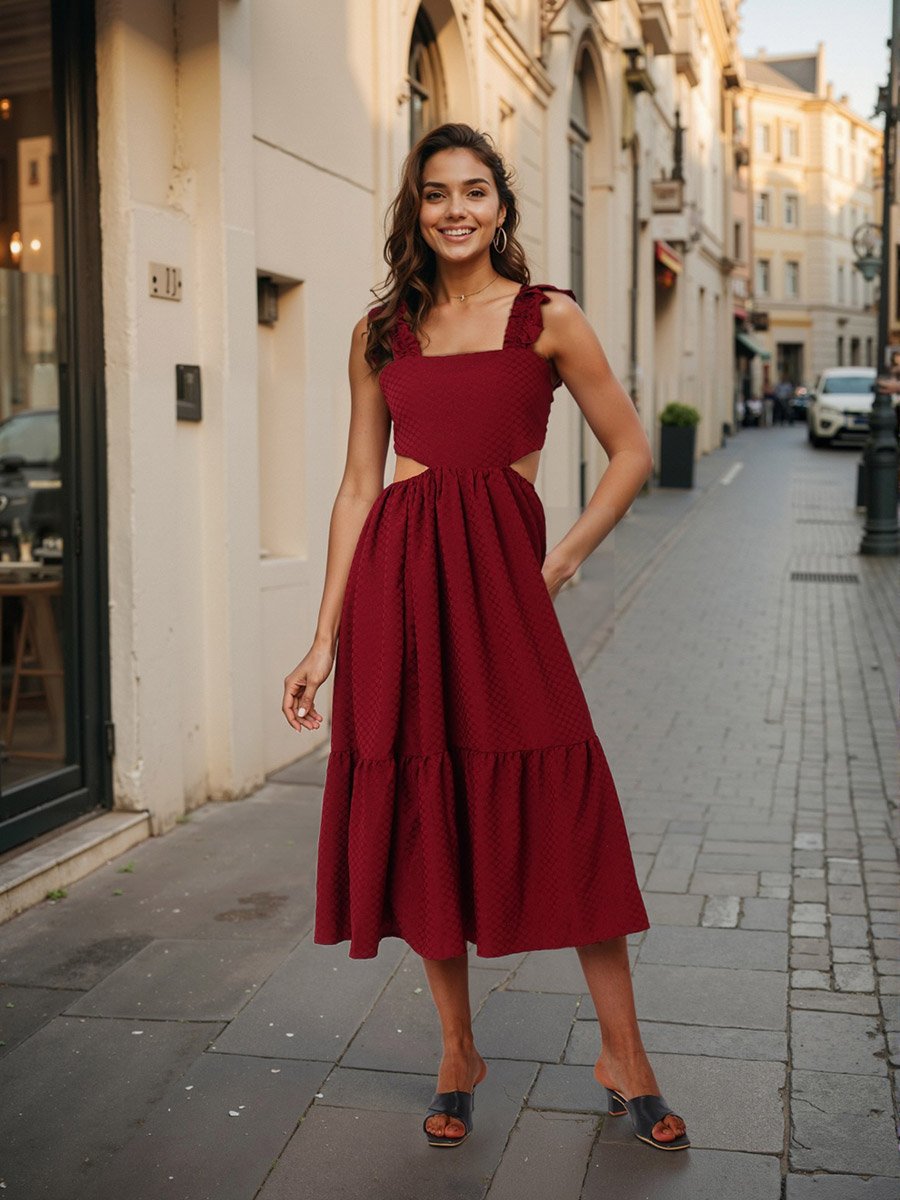 Burgundy Textured Strappy Midi Dress