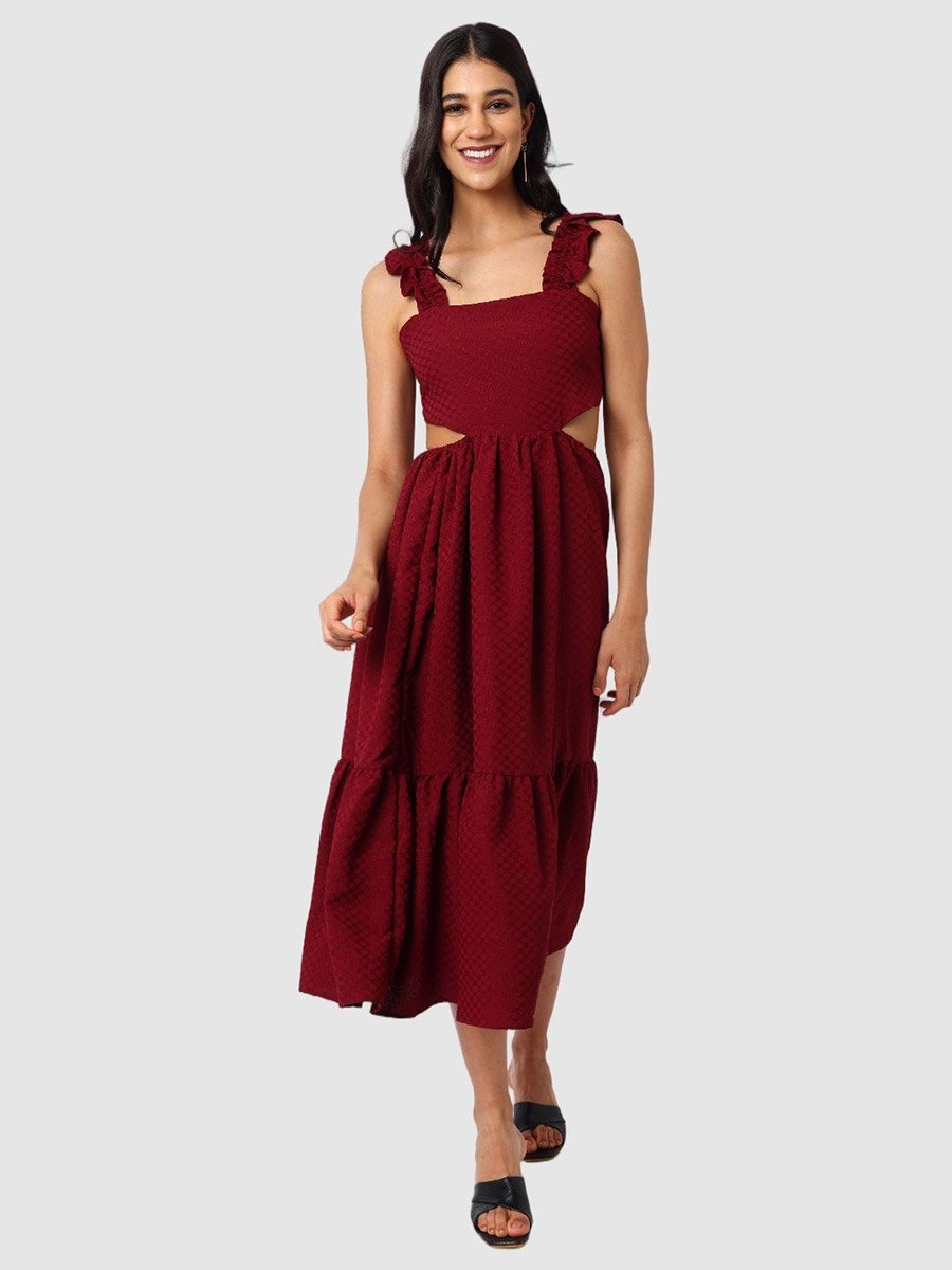 Burgundy Textured Strappy Midi Dress