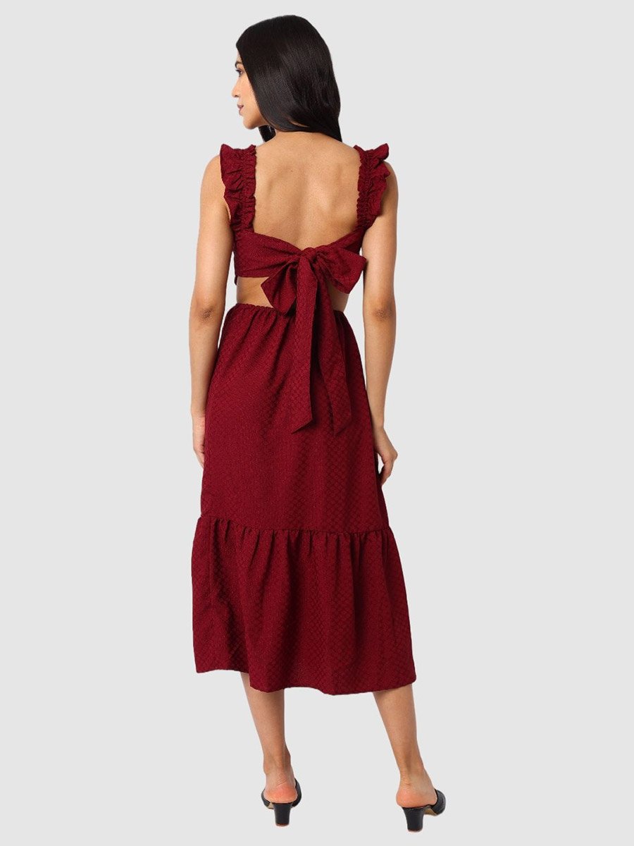 Burgundy Textured Strappy Midi Dress