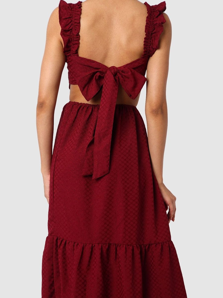 Burgundy Textured Strappy Midi Dress
