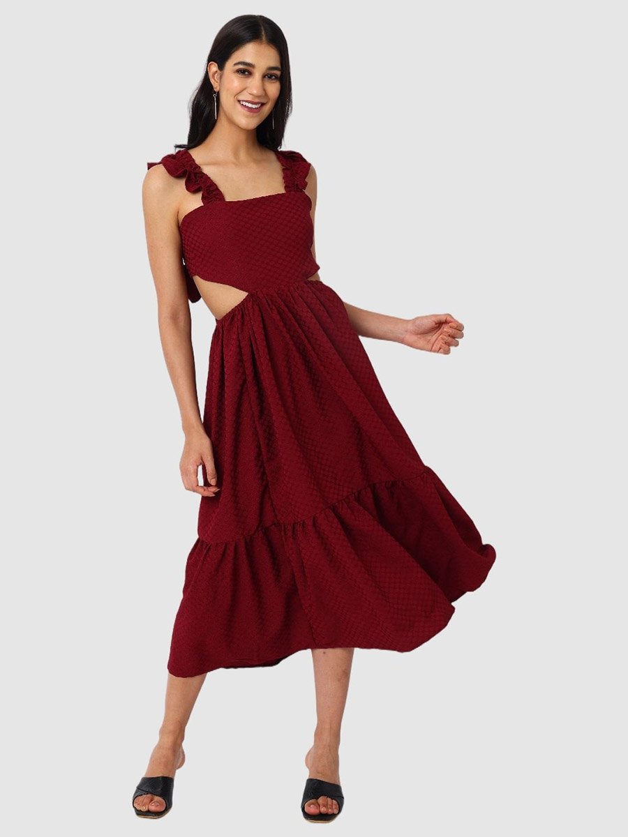 Burgundy Textured Strappy Midi Dress