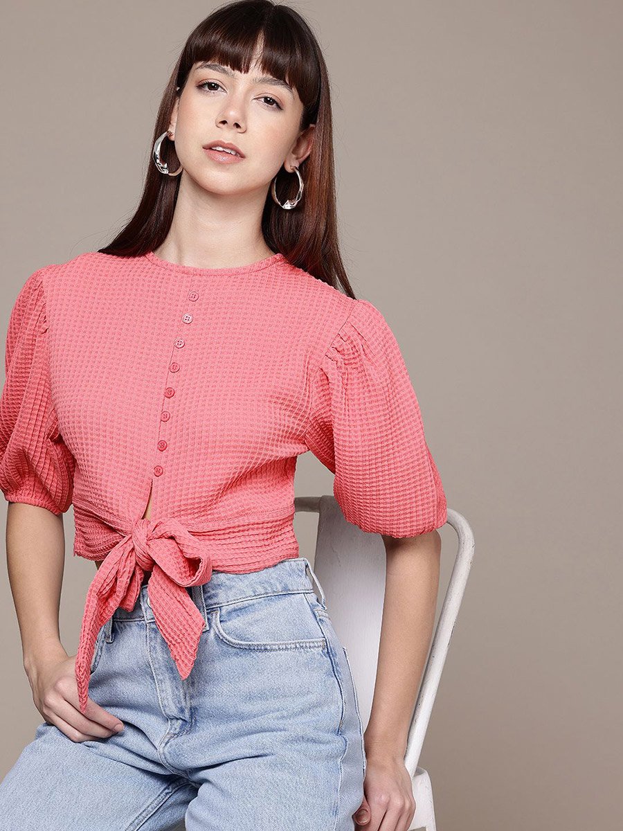 Women Pink Textured Crop Top