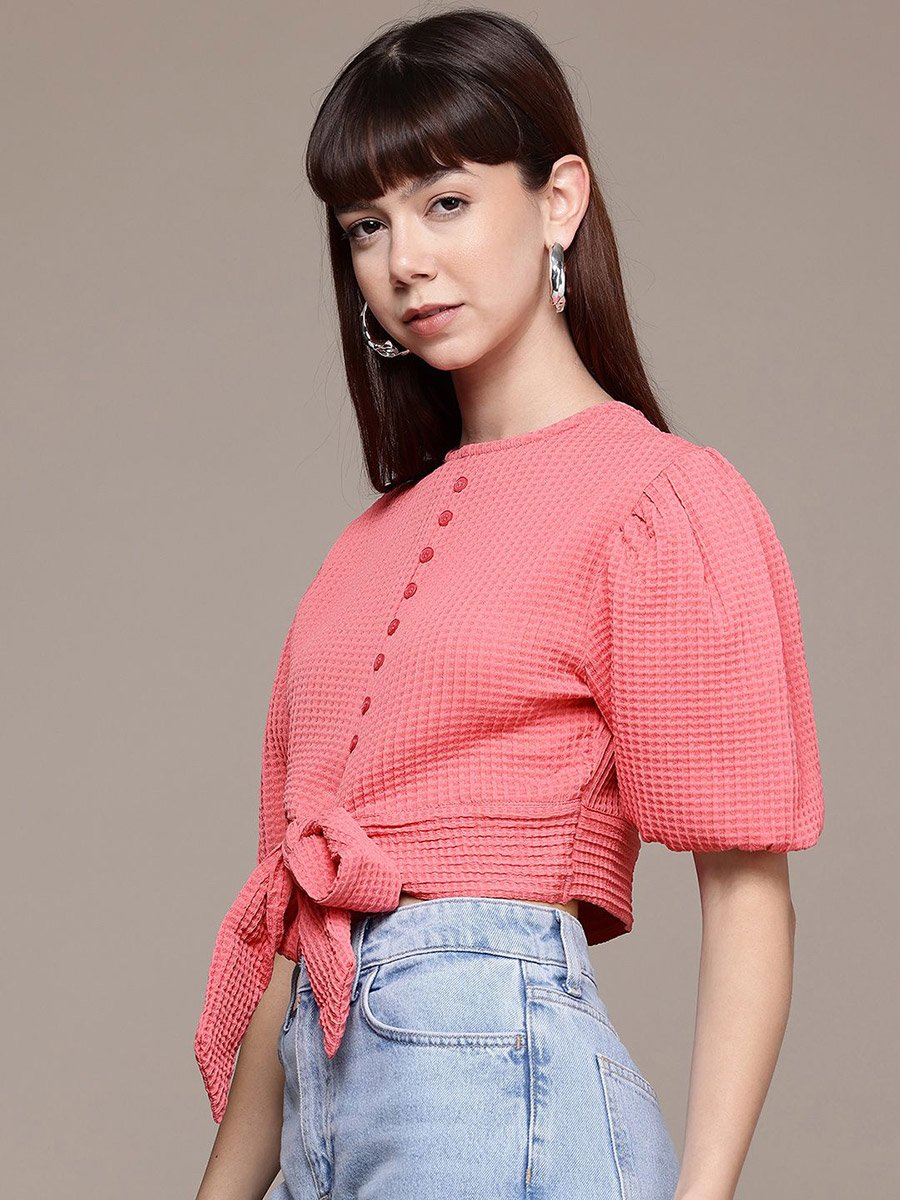 Women Pink Textured Crop Top