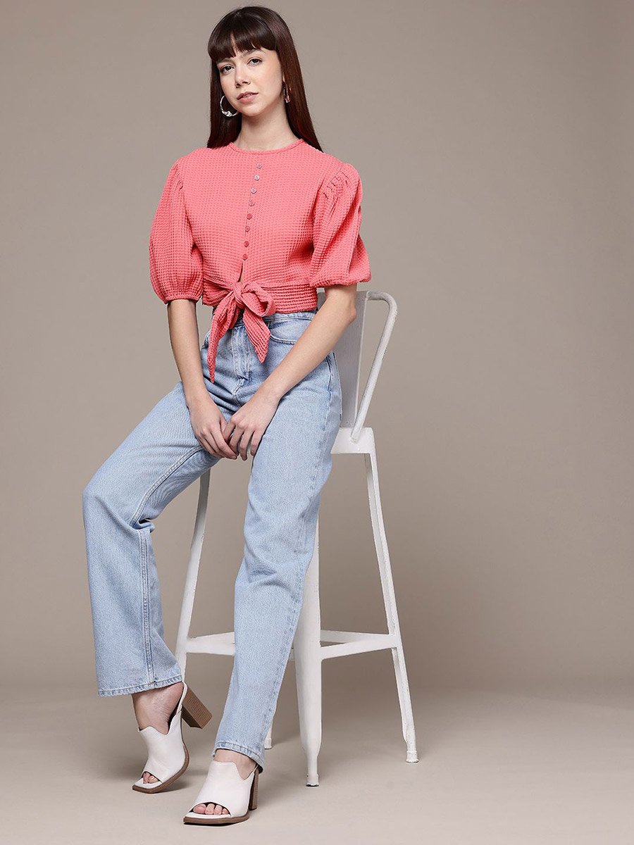 Women Pink Textured Crop Top