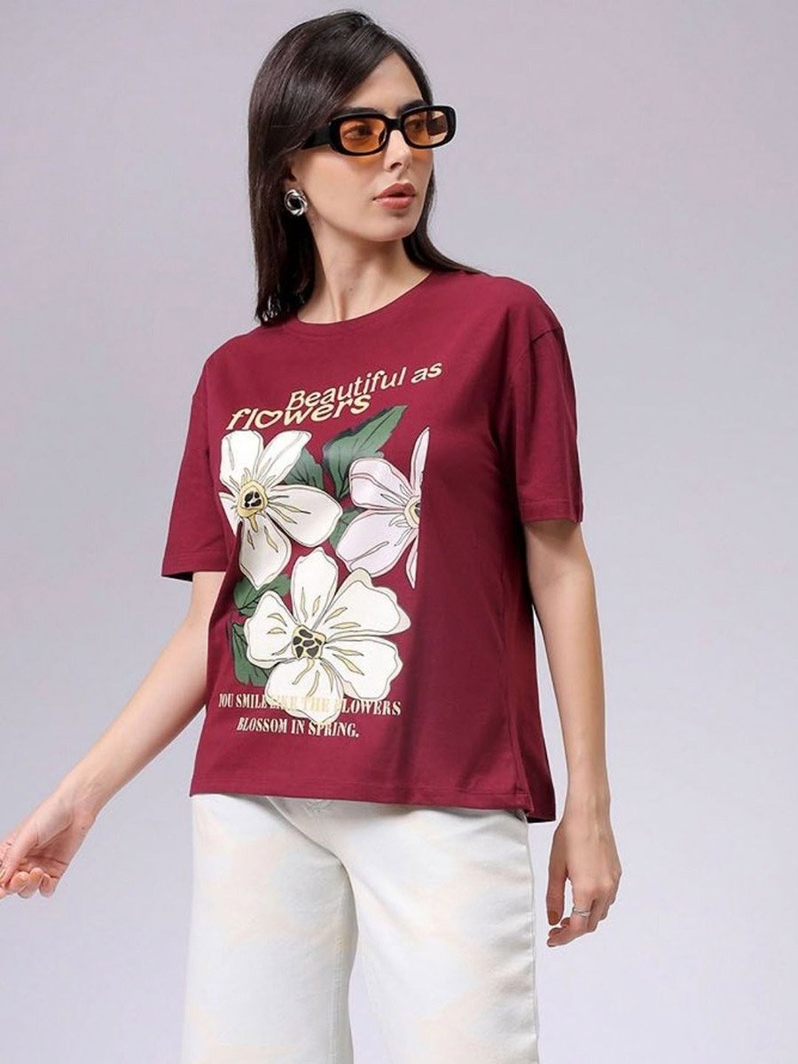 Women Red Relaxed Fit Floral Print T-Shirt