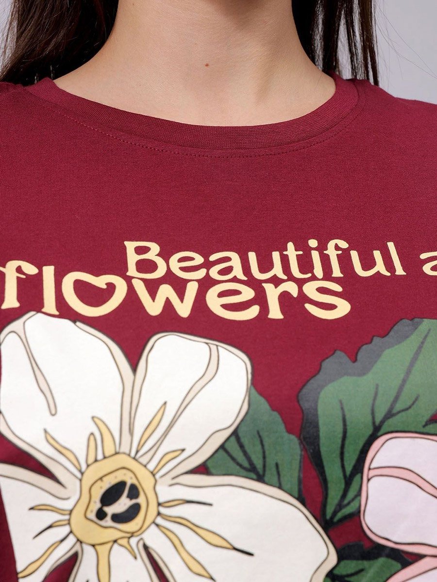 Women Red Relaxed Fit Floral Print T-Shirt