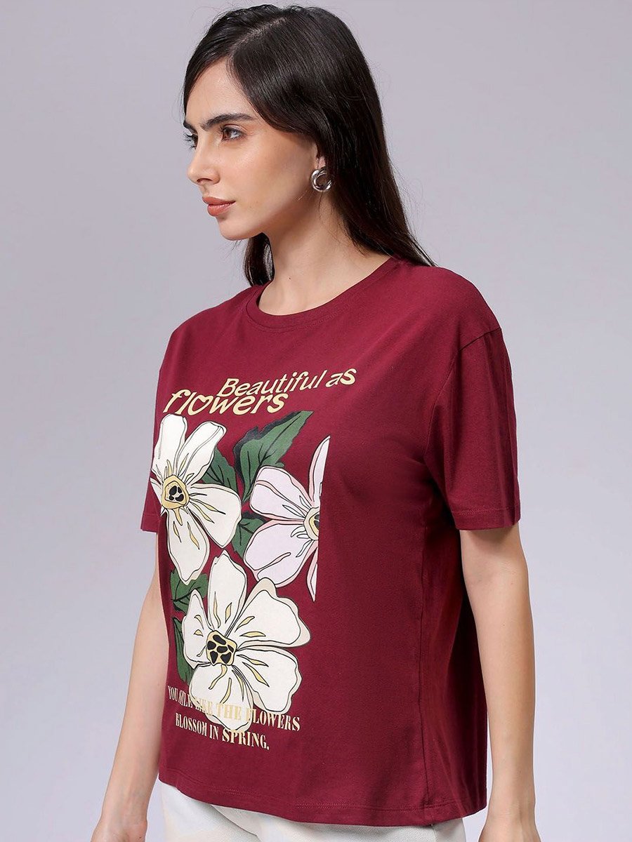 Women Red Relaxed Fit Floral Print T-Shirt