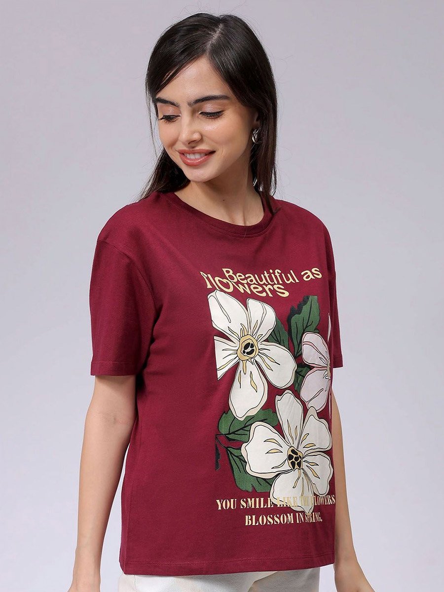 Women Red Relaxed Fit Floral Print T-Shirt