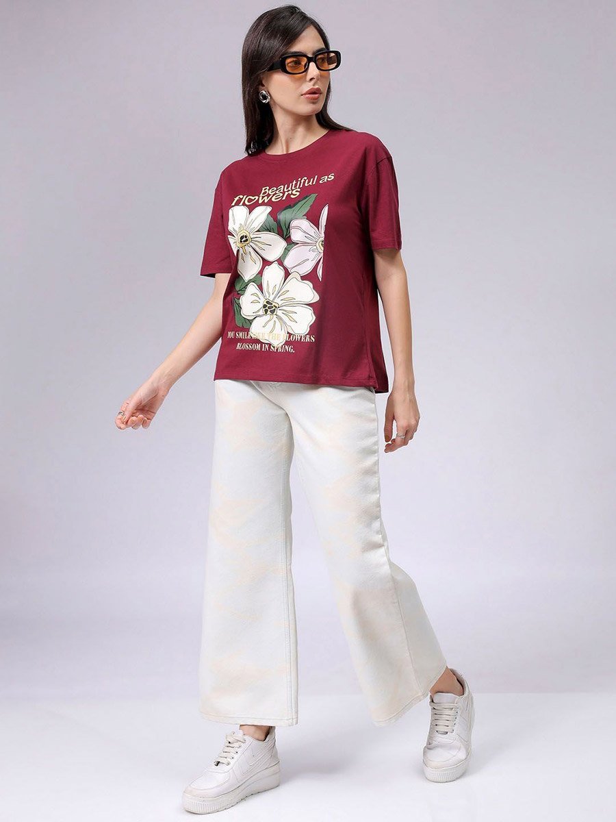 Women Red Relaxed Fit Floral Print T-Shirt