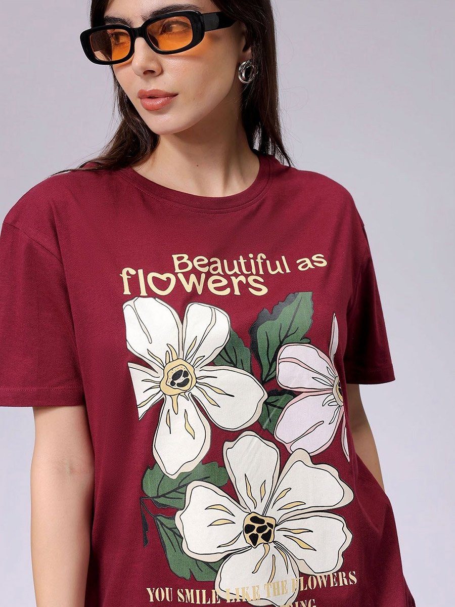 Women Red Relaxed Fit Floral Print T-Shirt