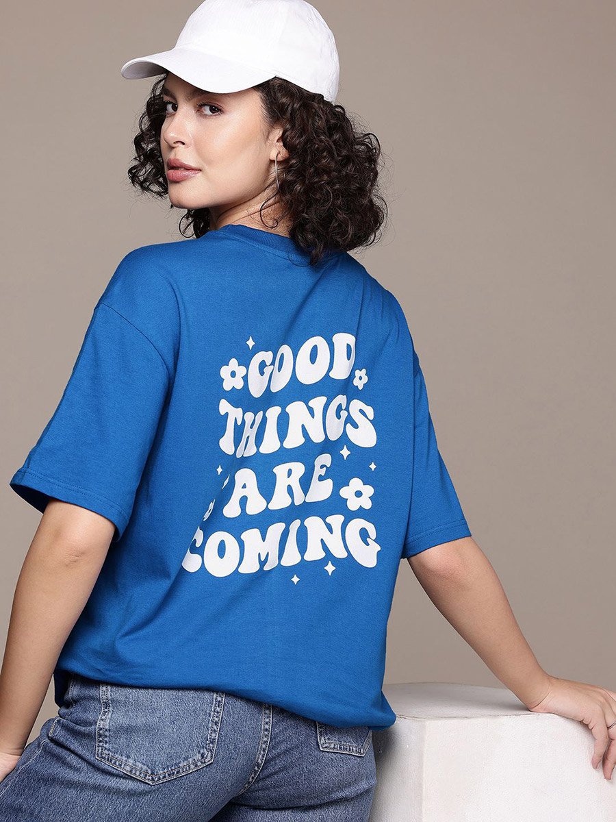 Women Blue Oversized Graphic Print T-Shirt