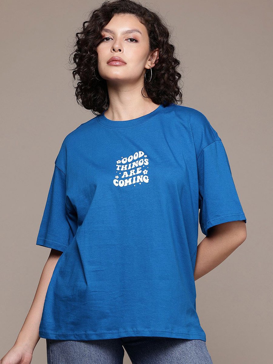 Women Blue Oversized Graphic Print T-Shirt