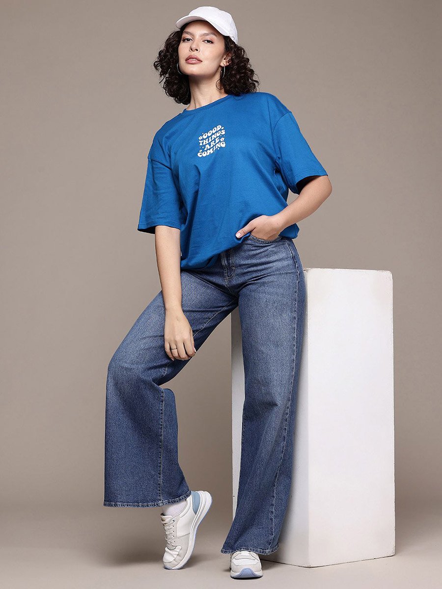 Women Blue Oversized Graphic Print T-Shirt