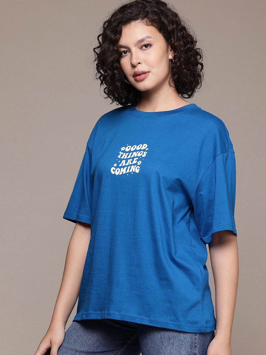 Women Blue Oversized Graphic Print T-Shirt