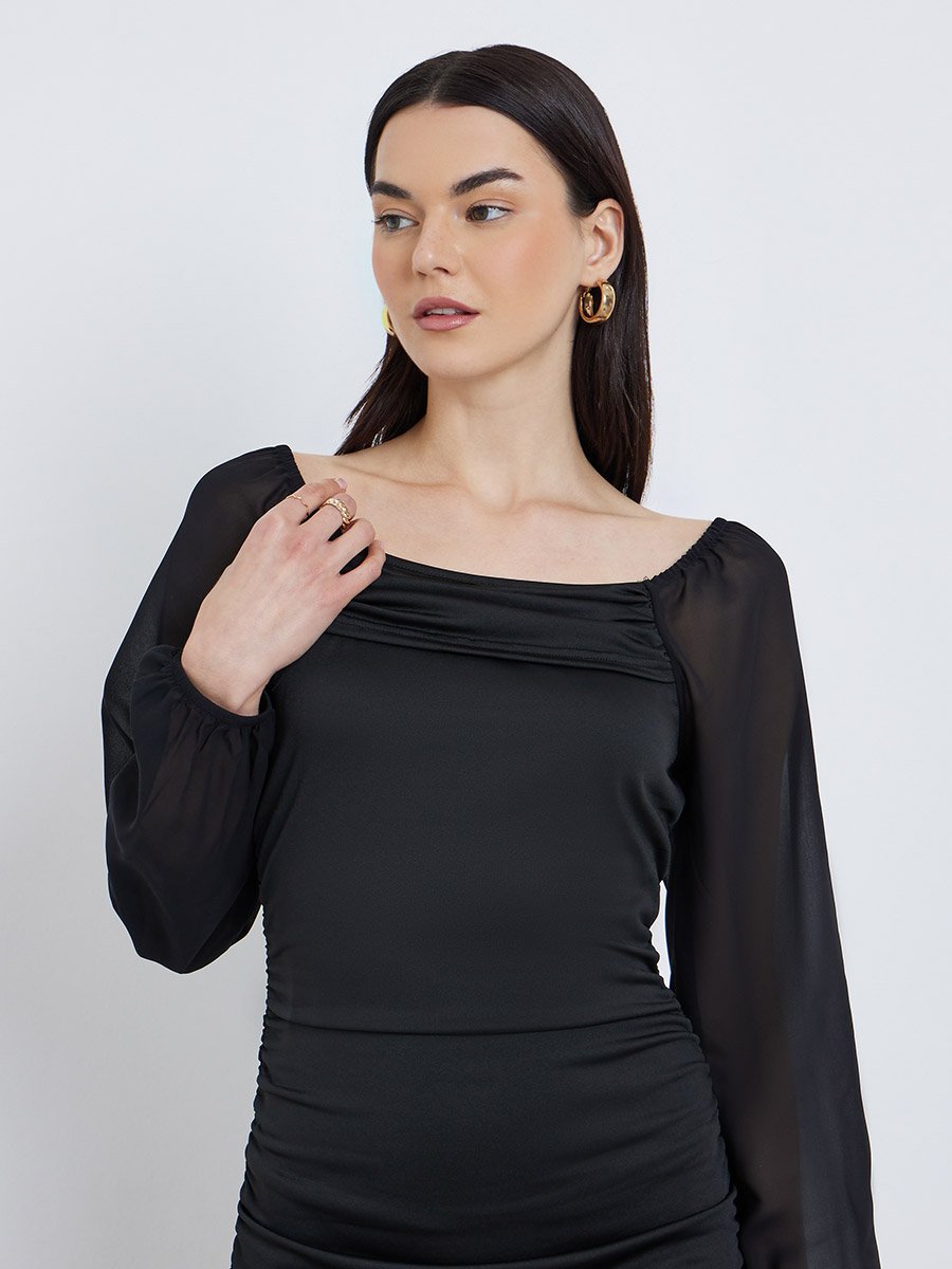 Black Bodycon Mini Dress with Balloon Sleeves