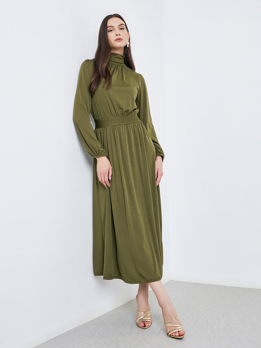 Khaki Balloon Sleeve A-Line Midi Dress