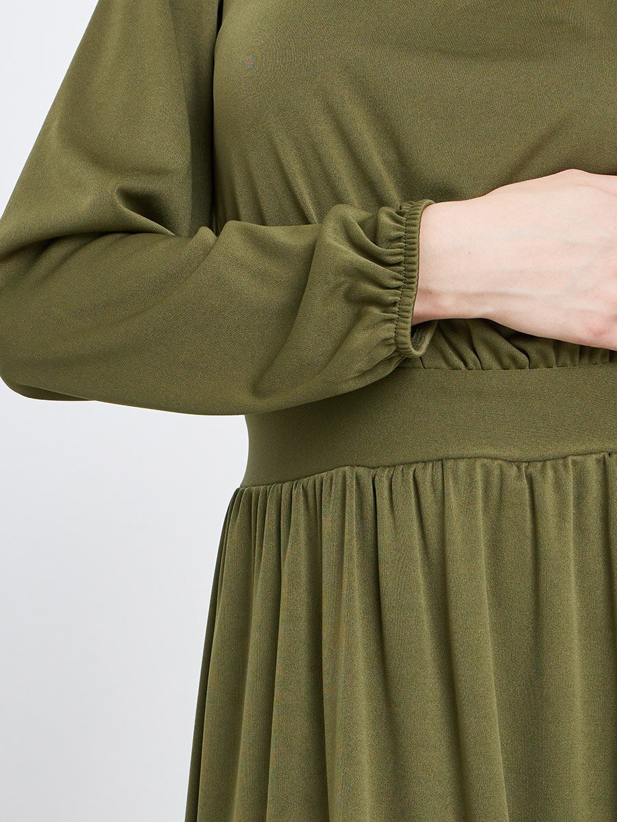 Khaki Balloon Sleeve A-Line Midi Dress