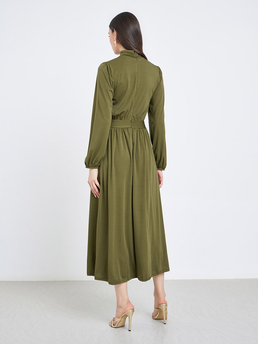Khaki Balloon Sleeve A-Line Midi Dress