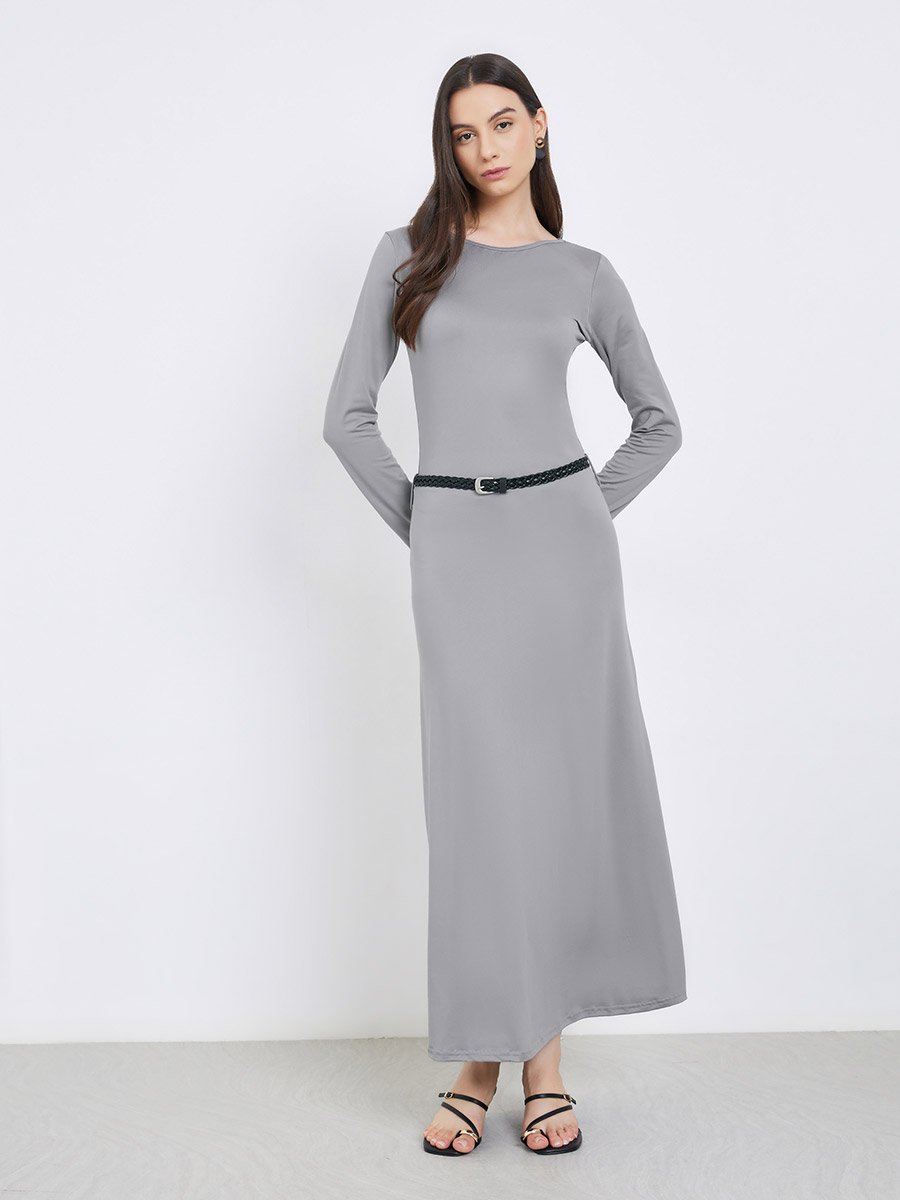 Grey Solid Midi Dress with Belt