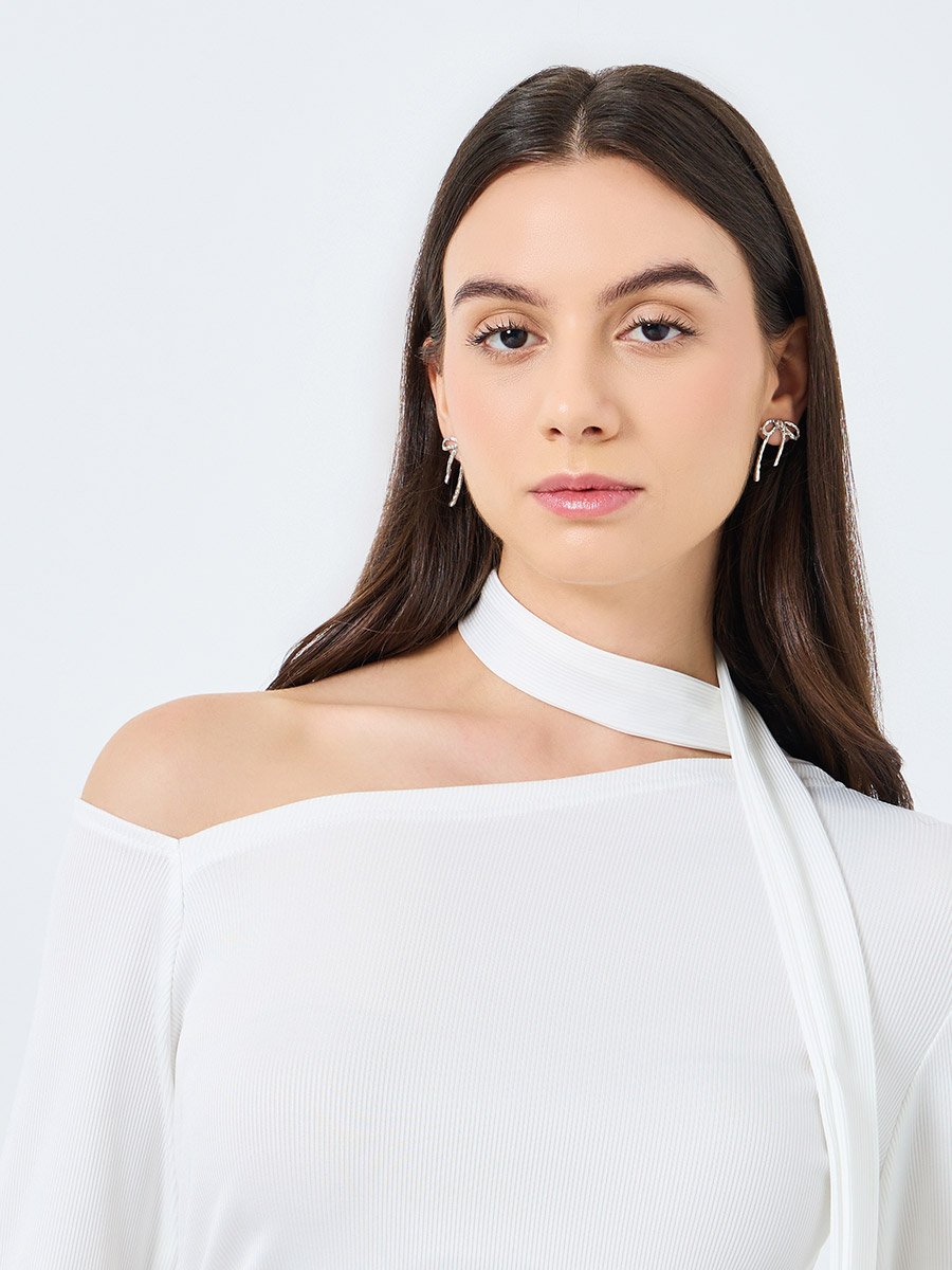 Elegant White One-Shoulder Long Sleeve Top