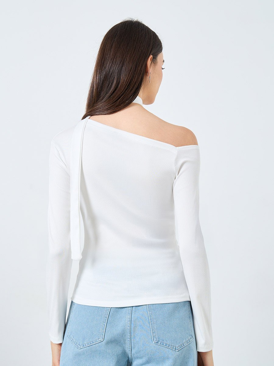 Elegant White One-Shoulder Long Sleeve Top