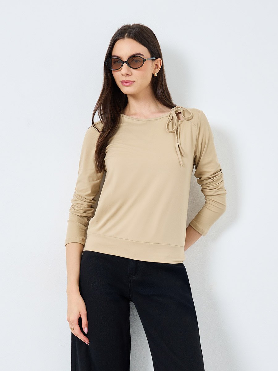Beige Long Sleeve Tie Neck Blouse