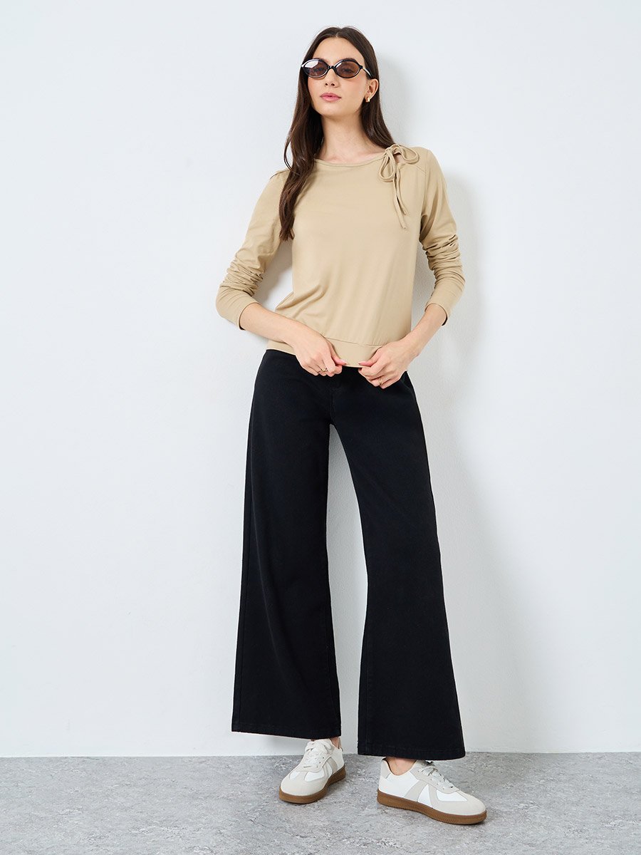 Beige Long Sleeve Tie Neck Blouse