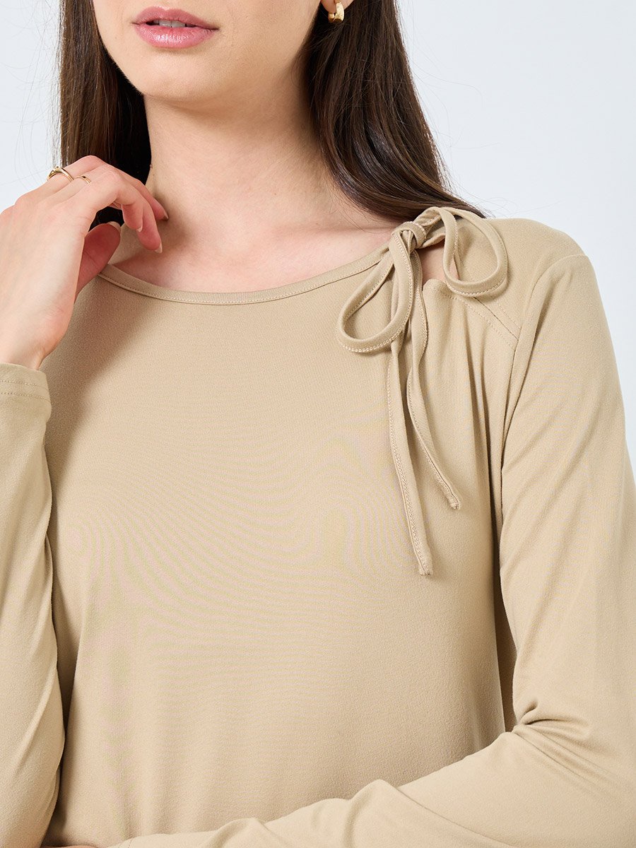 Beige Long Sleeve Tie Neck Blouse