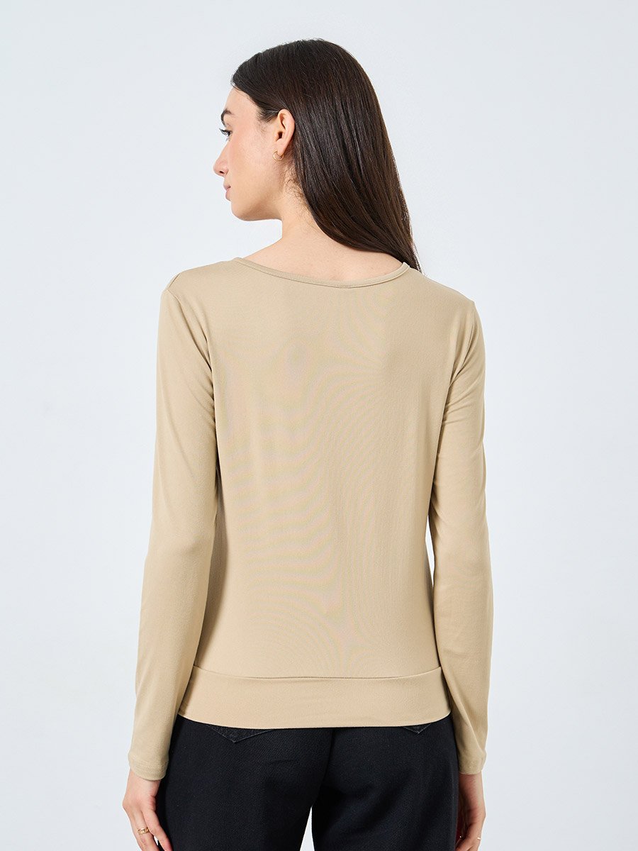 Beige Long Sleeve Tie Neck Blouse