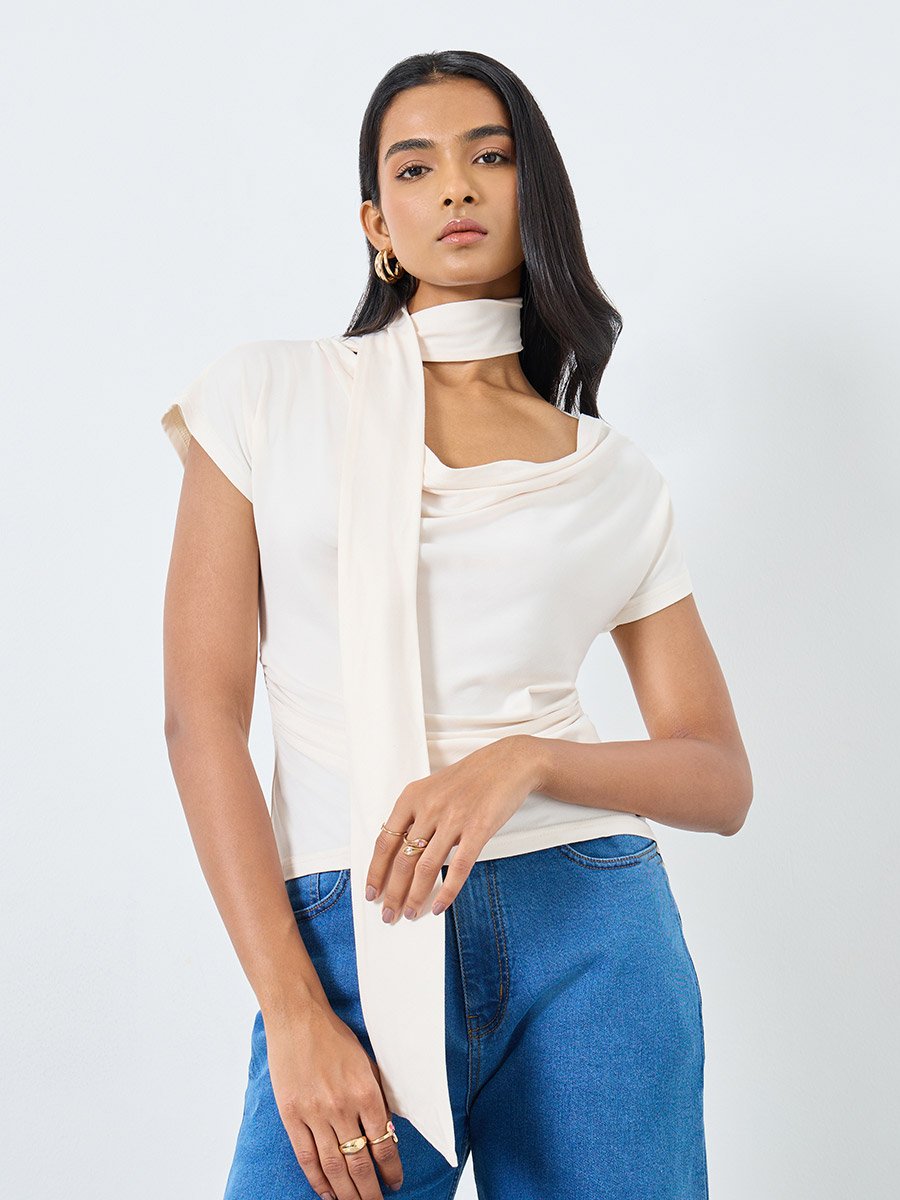 Beige Cowl Neck Blouse with Scarf Detail