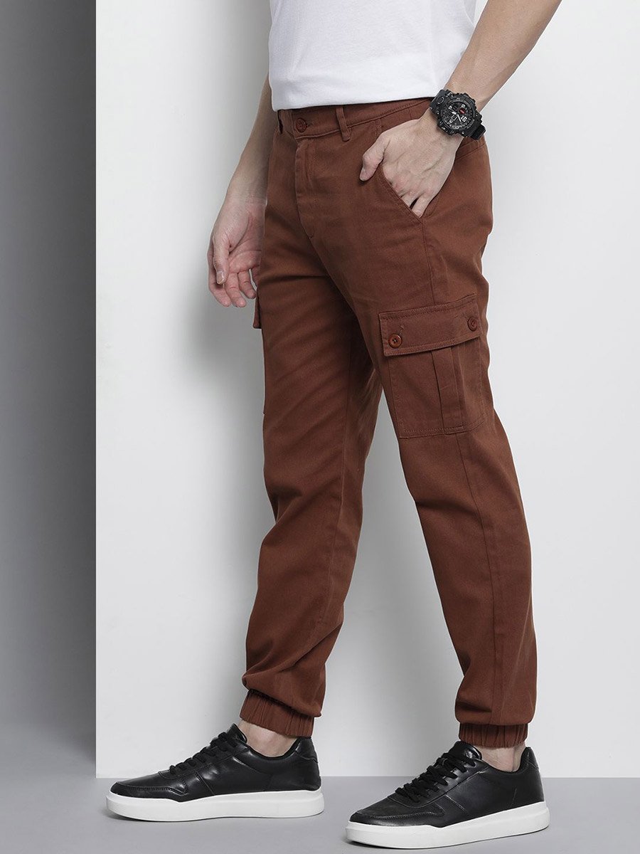 Men Brown Solid Slim Fit Cargo Pants