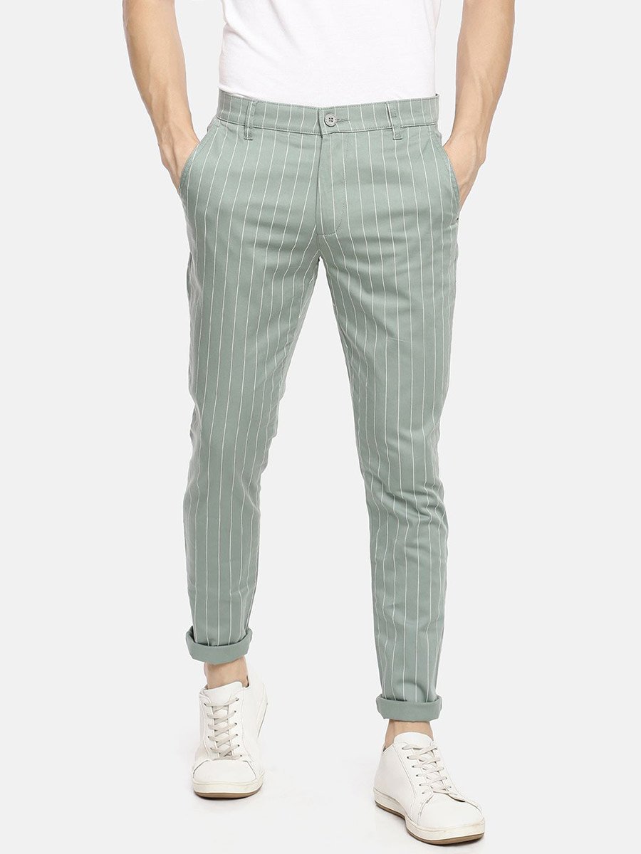 Men Green Pinstripe Slim Fit Chino Pants