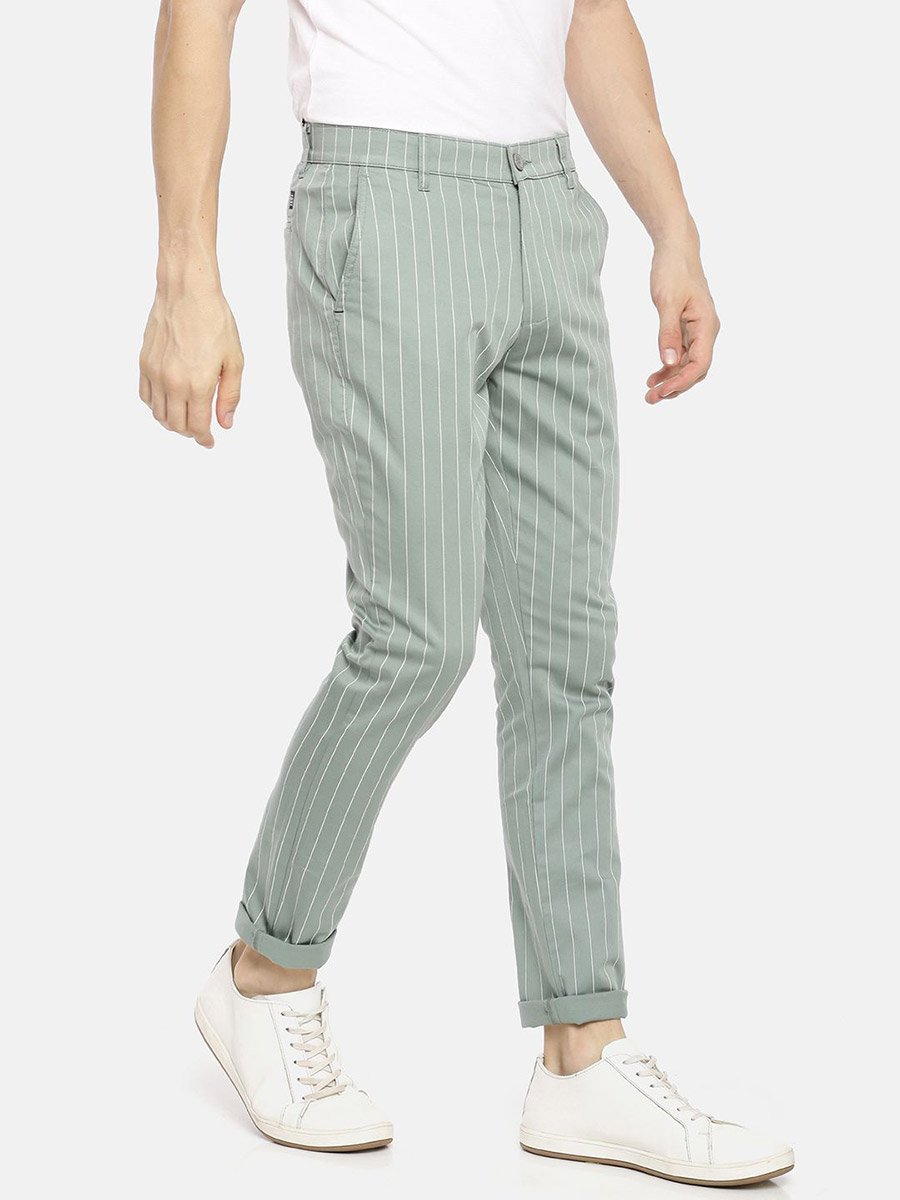 Men Green Pinstripe Slim Fit Chino Pants