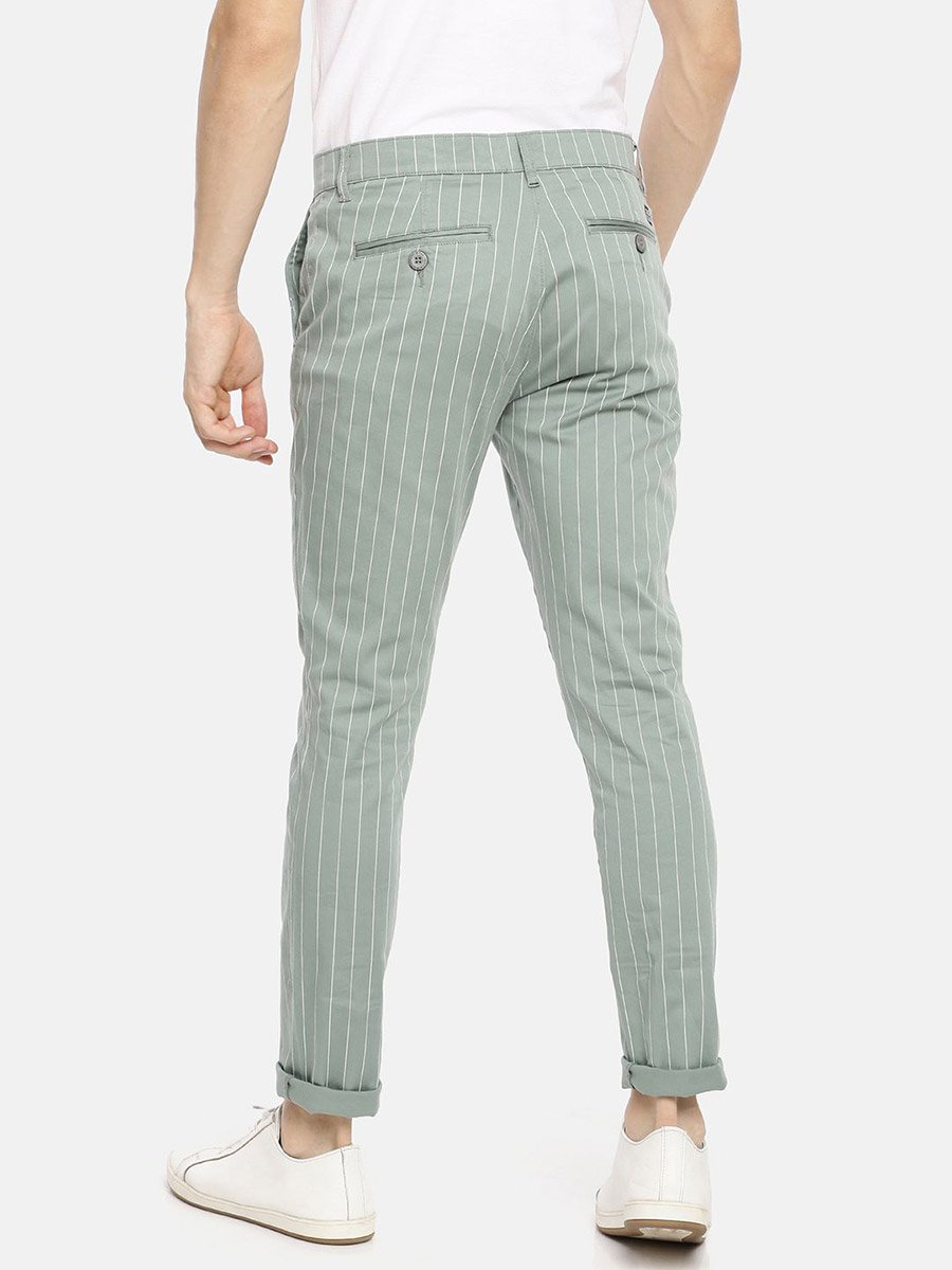 Men Green Pinstripe Slim Fit Chino Pants