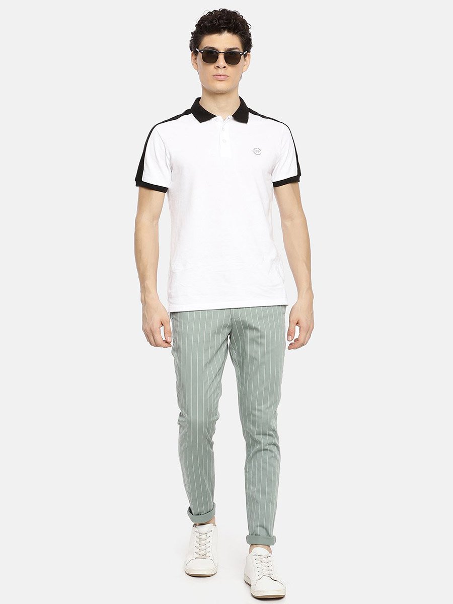 Men Green Pinstripe Slim Fit Chino Pants