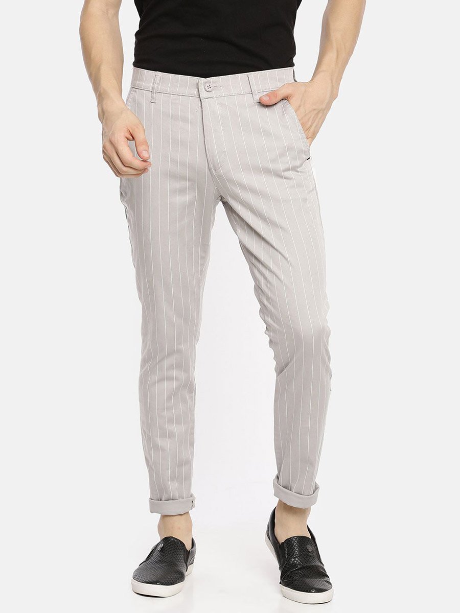 Men Grey Pinstripe Slim Fit Chino Pants
