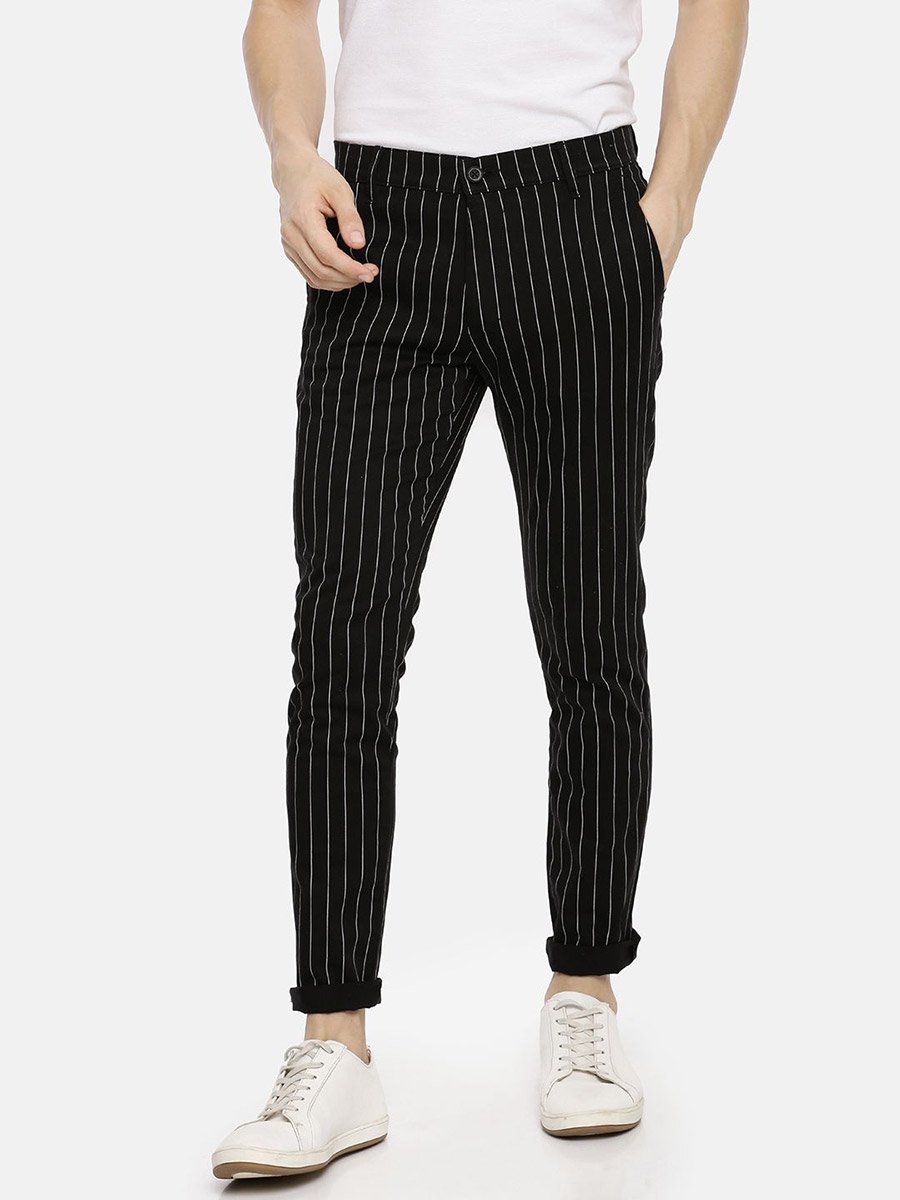 Men Black Pinstripe Slim Fit Chino Pants