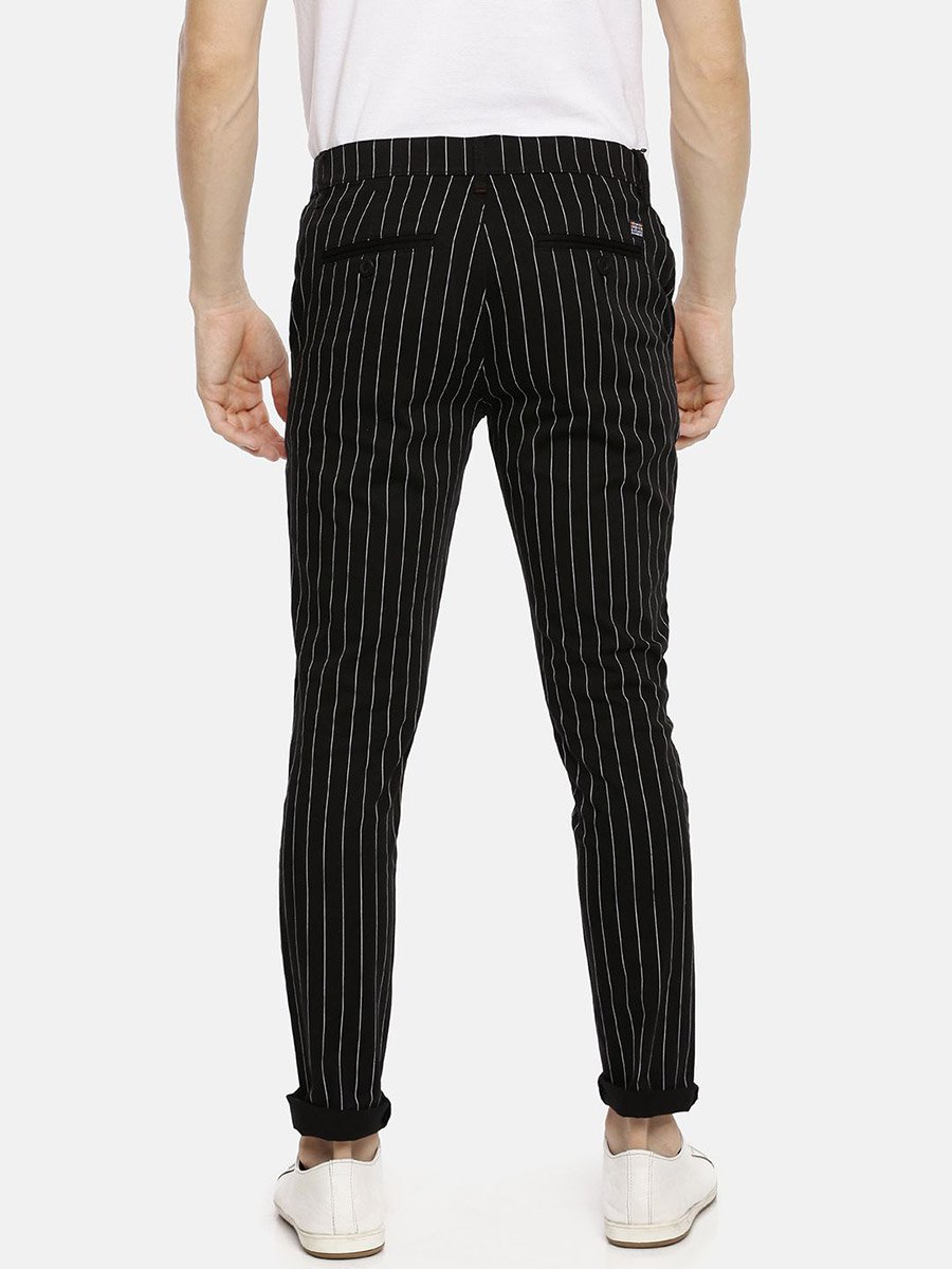 Men Black Pinstripe Slim Fit Chino Pants