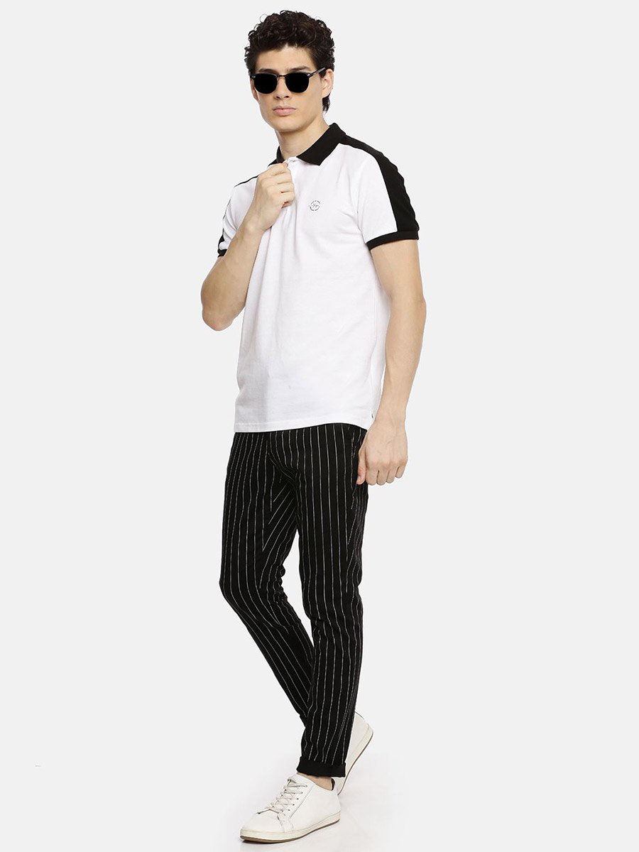 Men Black Pinstripe Slim Fit Chino Pants