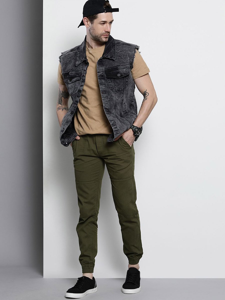 Men Olive Slim Fit Cuffed Joggers